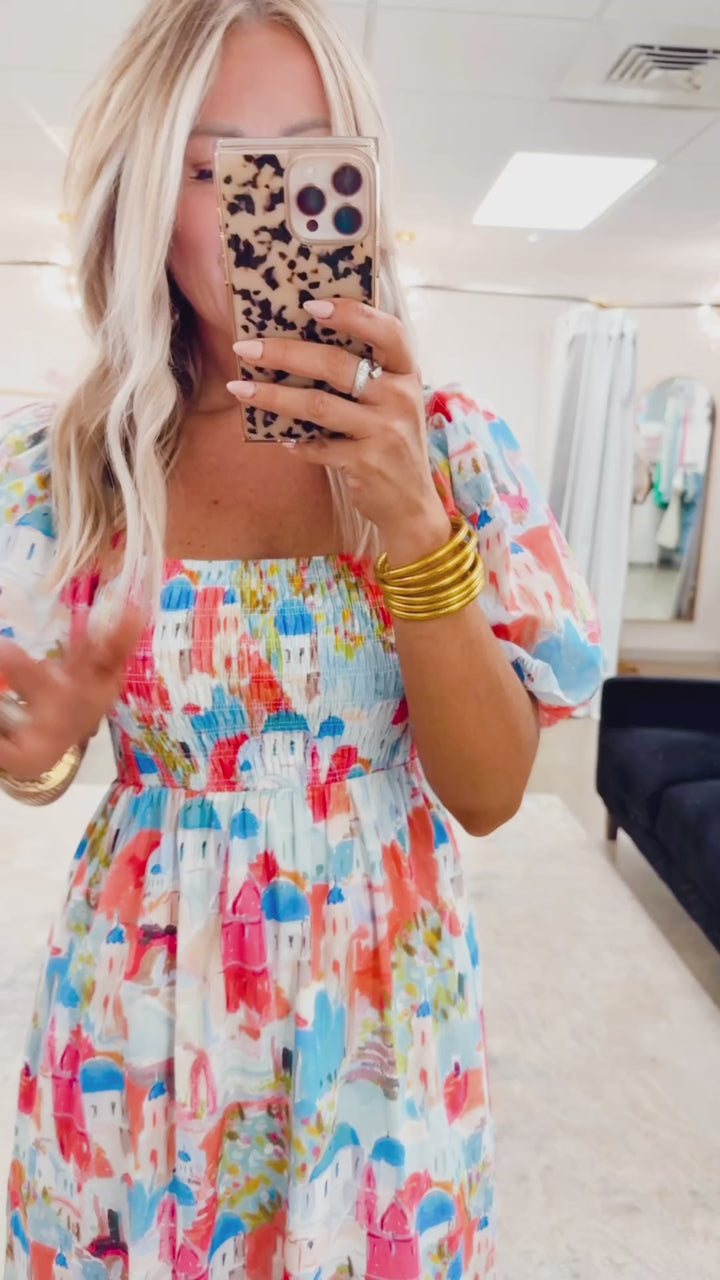 Santorini Smocked Midi Dress-Pink